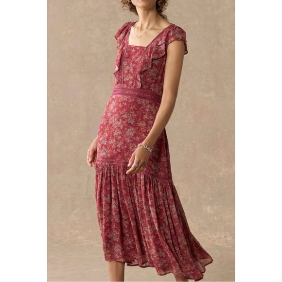 Sundance Size 8 Petite Red Plum Harvest Florals Ruffle Midi Dress Butterfly Bird - Picture 1 of 8